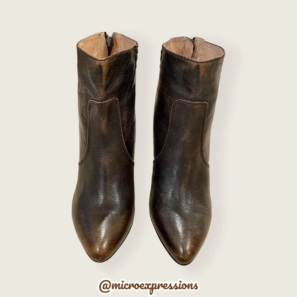$349 Frye Regina Distressed Brown Real Leather Heeled Southern Ankle Booties - Picture 2 of 7